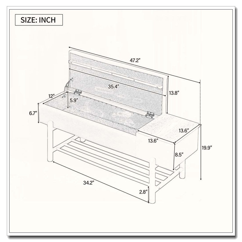 Farmhouse Upholstered Storage Bench with Hidden Compartment and Lower Rack, Natural
