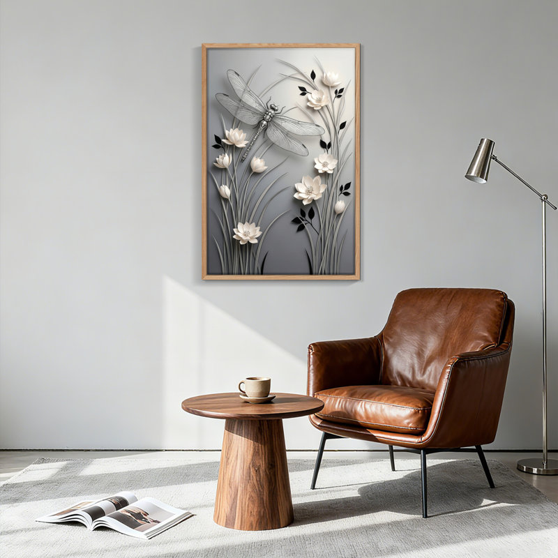 Ensemble de 1 tableau sur toile Libellule et Fleurs, 48"H x 32"W, Naturel