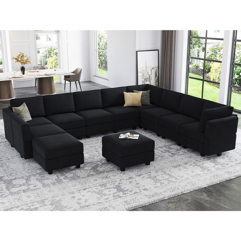 Wylodene 143" W Velvet Modular Sectional Sofa, Black Velvet