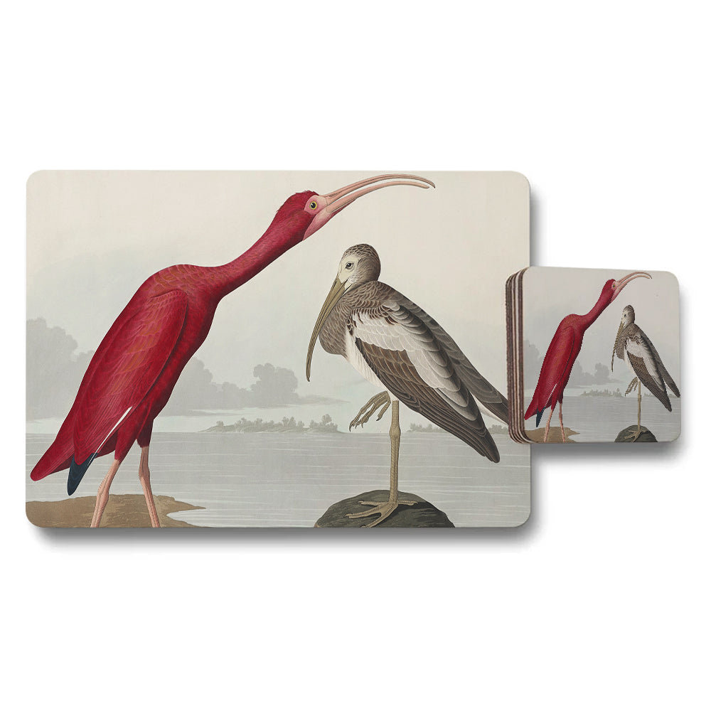Scarlet Ibis and Pelican Bird Art Placemat and Coaster Set