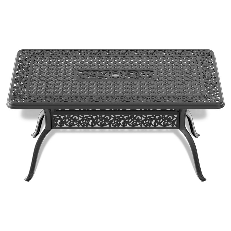 6 Tables de patio en aluminium coulé, noir, rectangulaire, trou de parasol, résistance aux intempéries, produit d'économie d'espace 6 places, concept