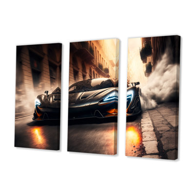 «Black McClaren Sports Car Racing in Italian Street IV», reproduction sur toile 3 pièces