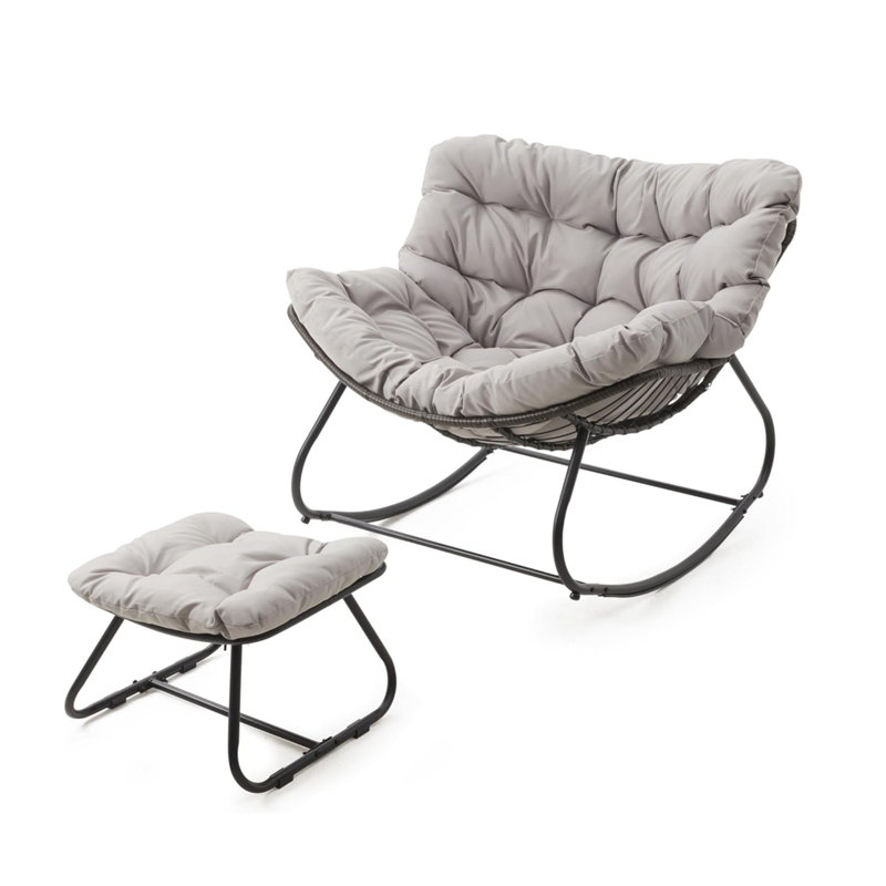 Light Gray Egg Rocking Chair With Ottoman, All-Weather Wicker Lounge & Cushions, Light Gray, Light Gray
