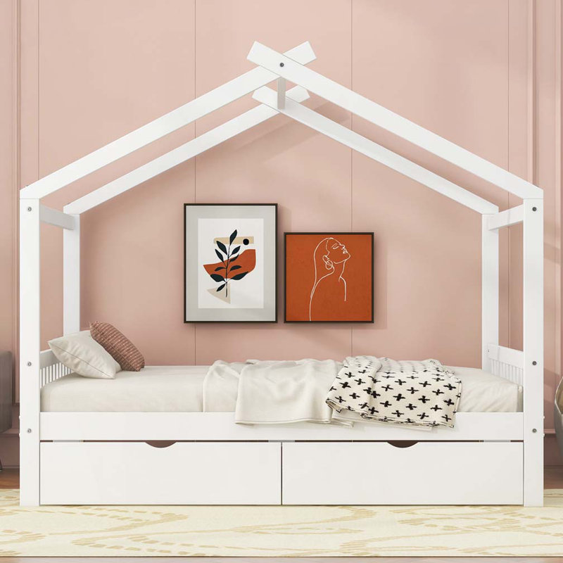 Lit plateforme House avec deux tiroirs, Blanc