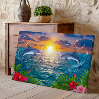 Toile, une scène tropicale vibrante avec des dauphins ludiques sautant gracieusement au-dessus de l'art mural