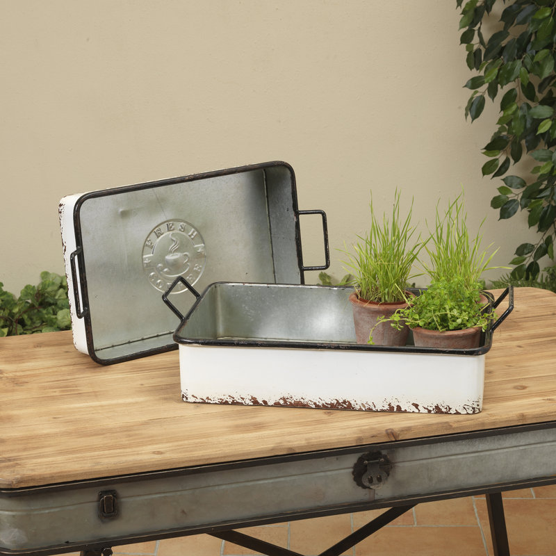 Industrial Heritage: Set of 2 Nesting Enamel-Style Metal Trays with Distressed White Finish and Black Trim