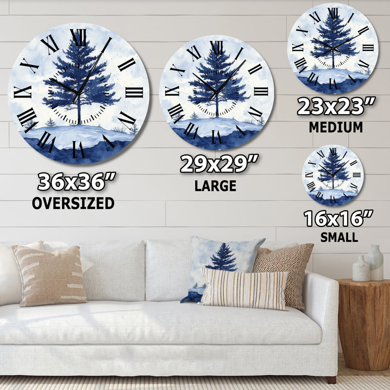 Horloge murale ronde moderne en métal - Silhouette de pin d'hiver, Grand