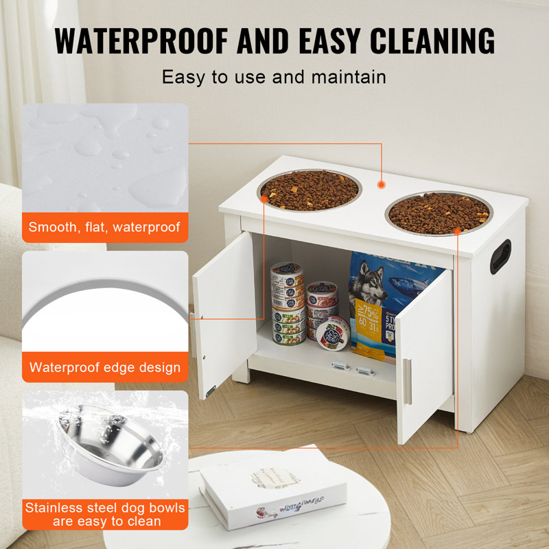 White Wooden Pet Feeding Station with Elevated Bowls and Storage Cabinet