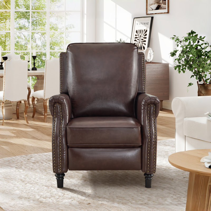 Fauteuil inclinable 32,7 po en cuir fleur classique et confortable avec garniture cloutée, Espresso brun