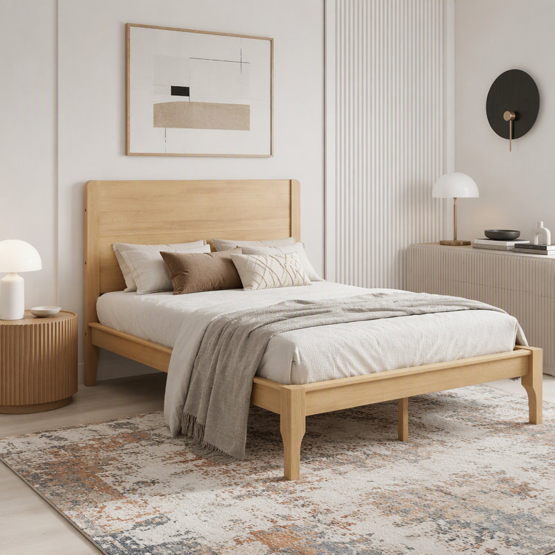 Lit avec tête et pied de lit hauts, lit plateforme avec cadre renforcé Pinewood, Queen, Natural