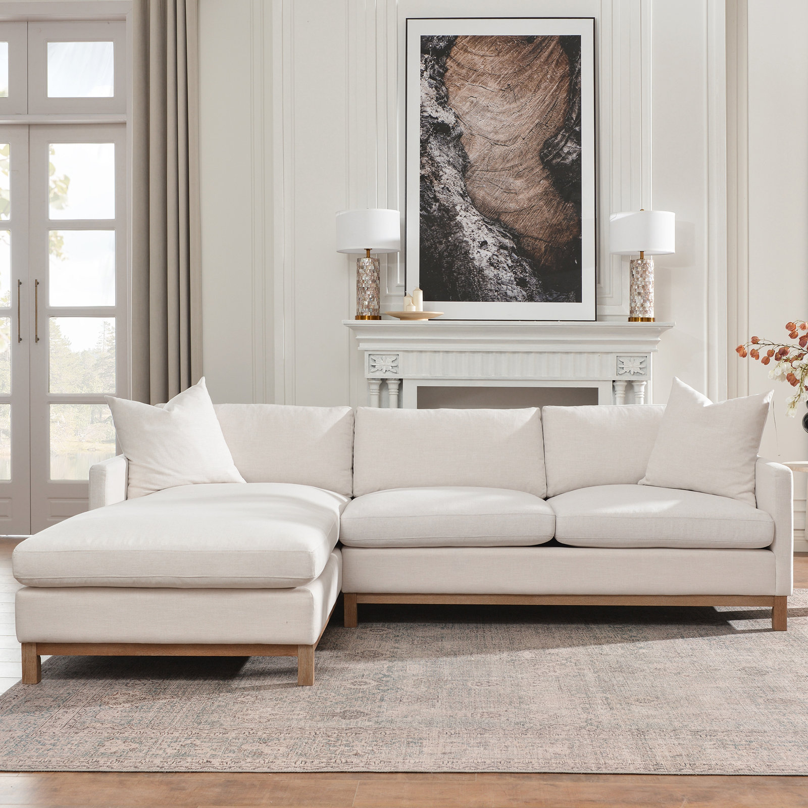 Cami Solid Wood Chaise Sectional, Cloud Linen Blend, Left Hand Facing