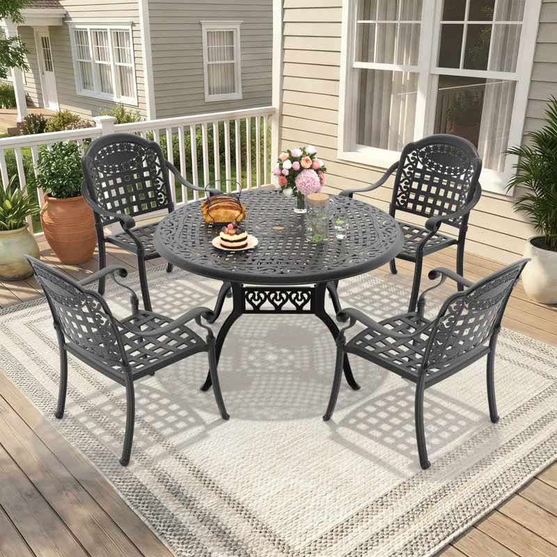 5-Piece Patio Dining Set, 48.03" Round Dining Table with Umbrella Hole & 4 Stackable Chairs with Blue Cushions