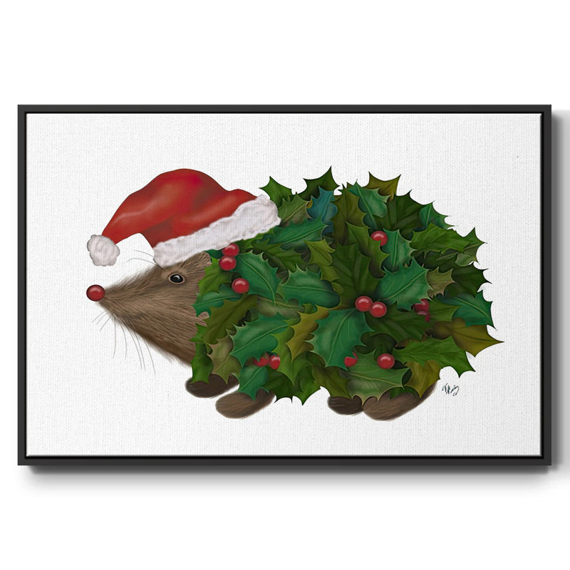 Hérisson de Noël encadré sur toile, Cadre noir, H 17 po x l 25 po x P 1,5 po