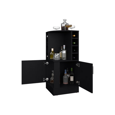 Corner Bar Cabinet with Bottle Rack, Open Shelves, and Hidden Storage