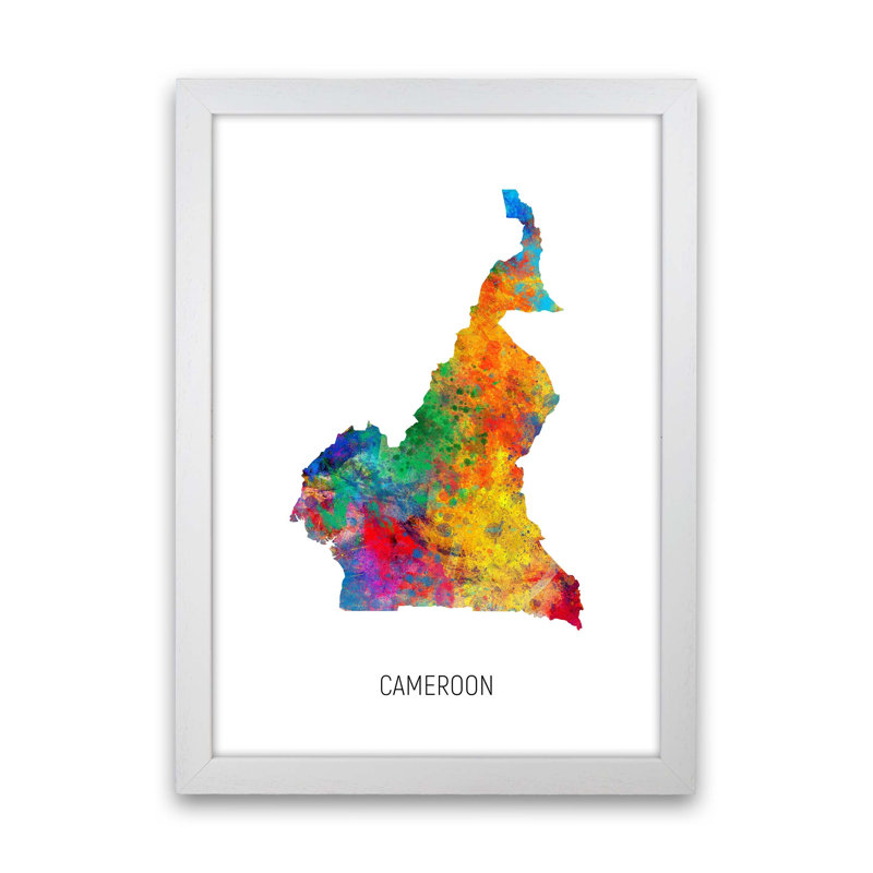 Cameroon Watercolour Map by Michael Tompsett - Print, White Framed, 34cm H x 25cm W x 3cm D