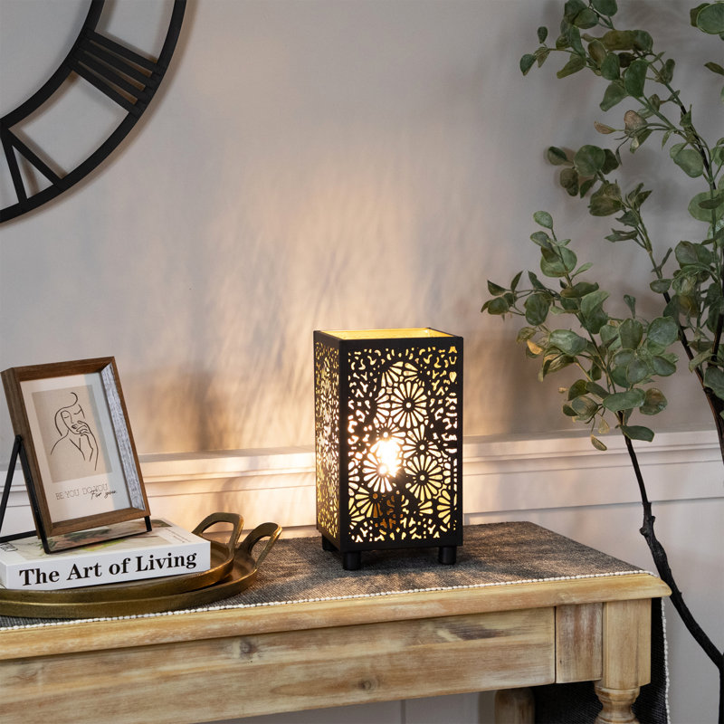 Black and Gold Floral Laser-Cut Iron Table Lamp - 11"