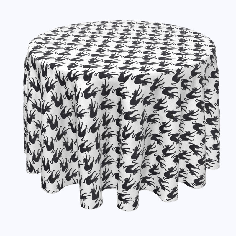 Geometric Round Halloween Tablecloth, 84" L x 84" W, Black Scaredy Cats