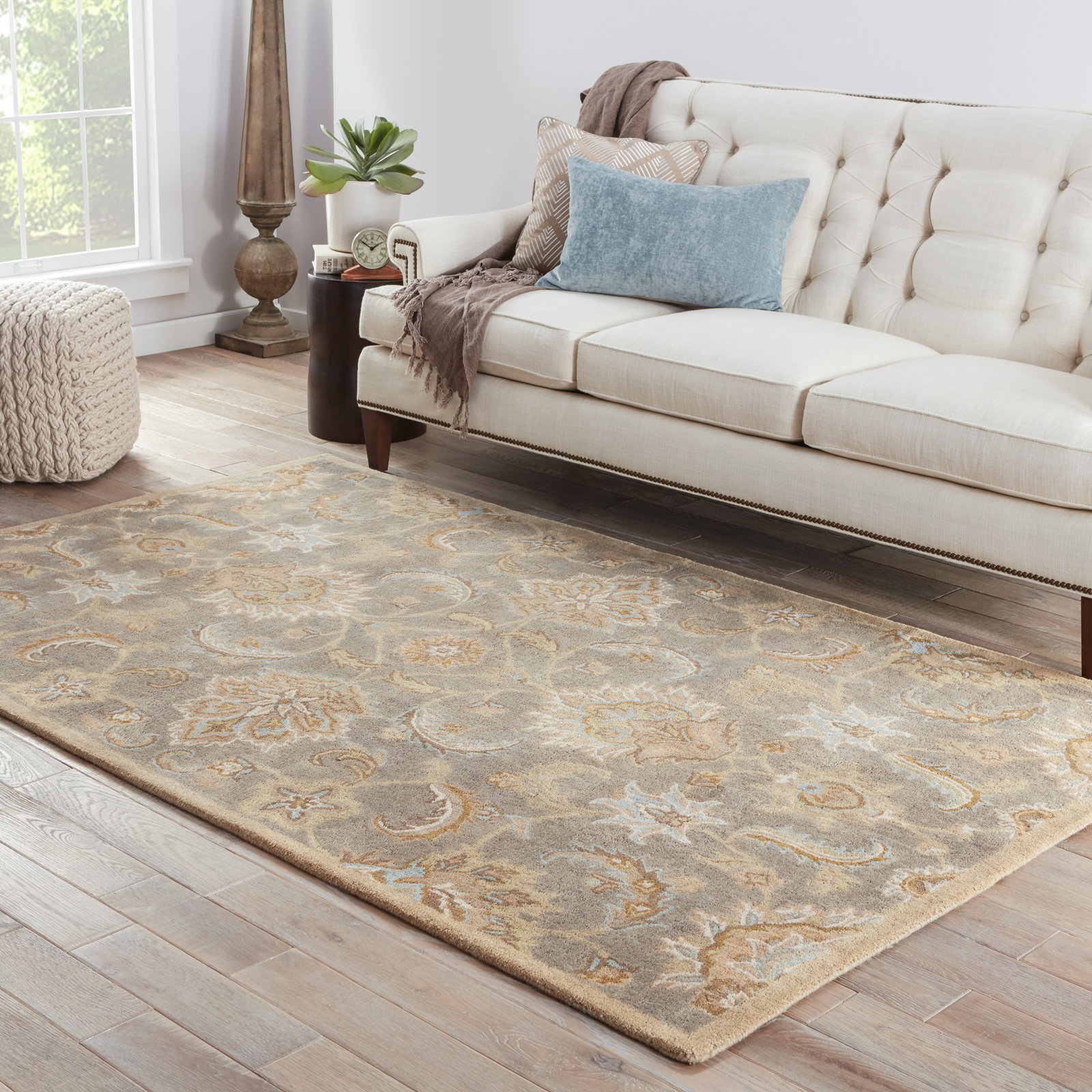 Idina Gray Tan Hand-Tufted Wool Floral Rug, Rectangle 12' x 18'