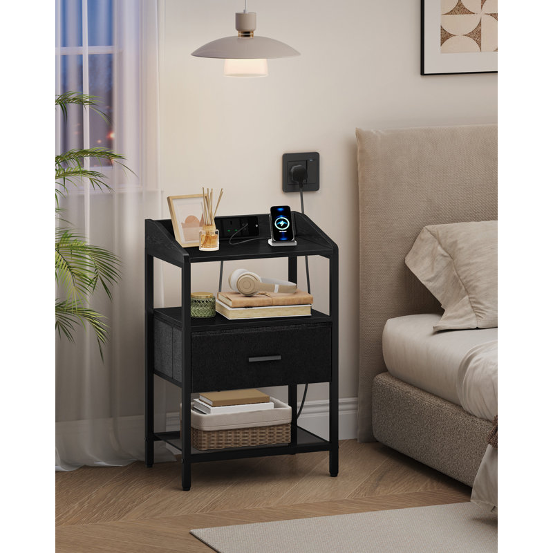 Bedside Table Set of 2 with Charging Station, Bedside Cabinet with 2 Open Shelf and 1 Fabric Storage Drawer, Side End Table with USB Ports & TypeC for Bedroom, Living Room 