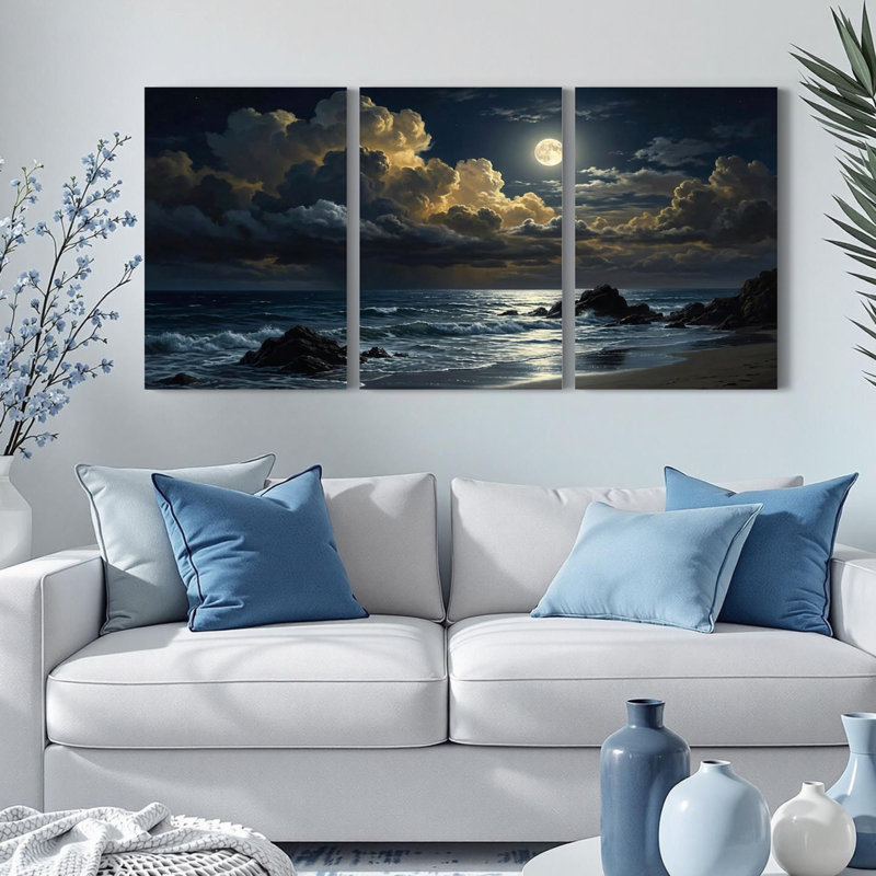 Ensemble de 3 tableaux sur toile tendue représentant un ciel nocturne sur une plage au clair de lune, 2436