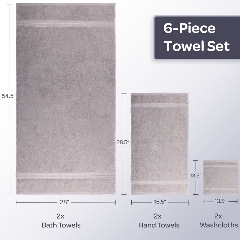 Plymouth Home 6PC Towel Set - Cotton Bathroom Accessories with 2 Bath Towels, 2 Hand Towels, and 2 Washcloths - Machine Washable Bath Sheets