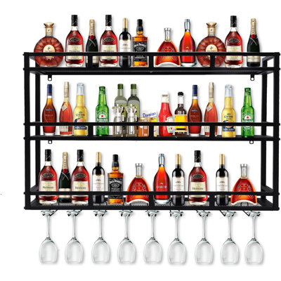 31 Inch Metal Wine Rack Wall Mounted, Bar Shelves For Liquor Bottles With LED Light, 3 Tier Large Capacity Liquor Rack Wall Mounted With Glass Holder