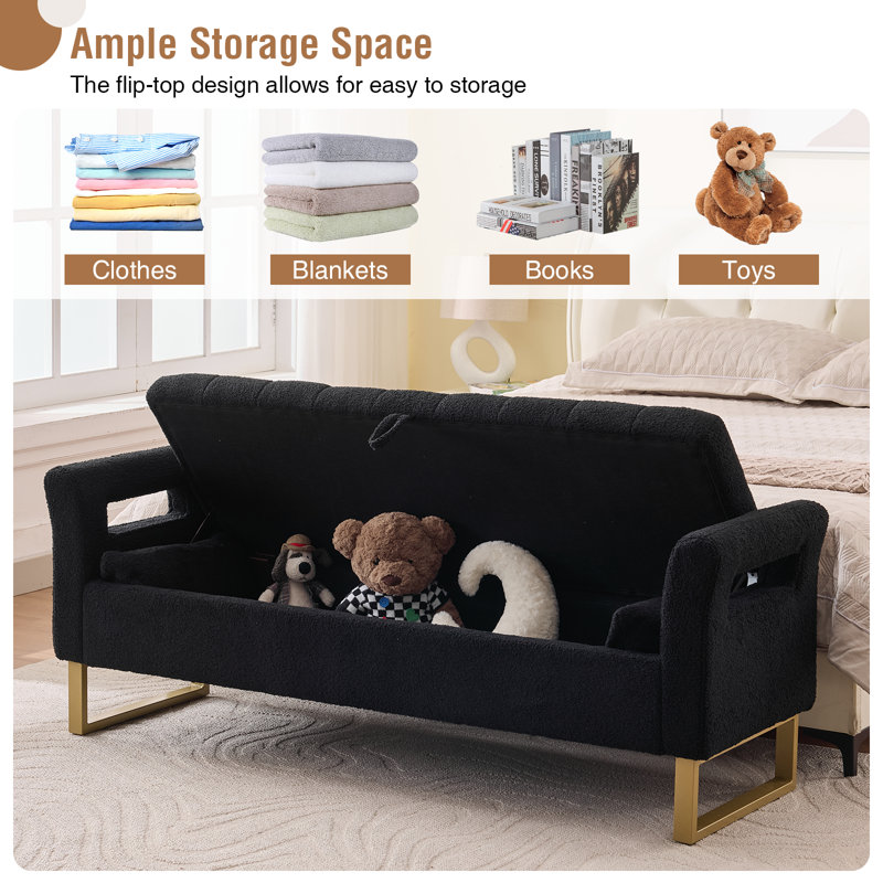 66"W Upholstered Flip Top Teddy Storage Bench King Size with Gold Legs,Curverd Armrest and 2 Pillows , Black
