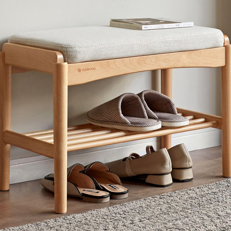 Banc à chaussures rembourré en chêne massif, H 16,53 po x l 23,62 po x P 11,8 po, Chêne naturel / beige