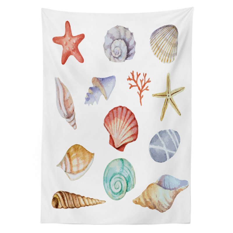 Ambesonne Nautical Tablecloth, Illustration Of Different Seashells Scallop Mollusk Summer Exotic Creatures Animals, Rectangular Table Cover For Dining Room Kitchen Decor, 52" X 70", Multi