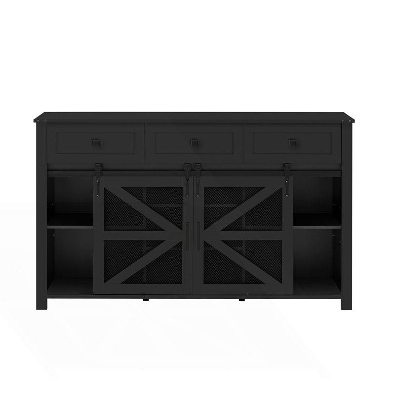 Sideboard Buffet Cabinet With 3 Drawers And Sliding Barn Door, Black