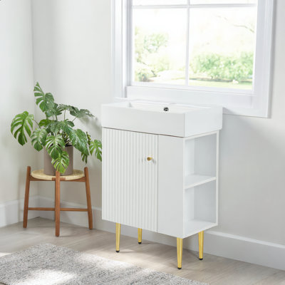 Meuble-lavabo blanc avec lavabo simple en céramique et rangement intégré à droite