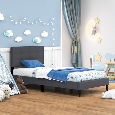 Winston Porter Twin Upholstered Platform Bed Mattress Foundation Button Tufted Headboard Blue by Winston Porter