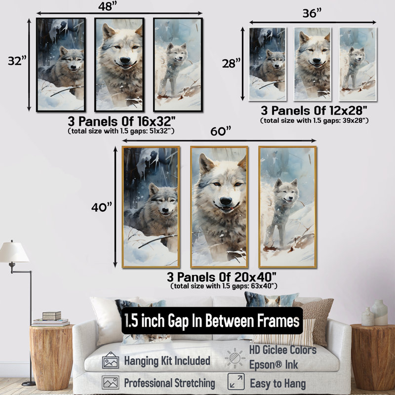 Neige loups en hiver III - loup, art mural, Cadre flottant doré, H 40 po x l 61 po