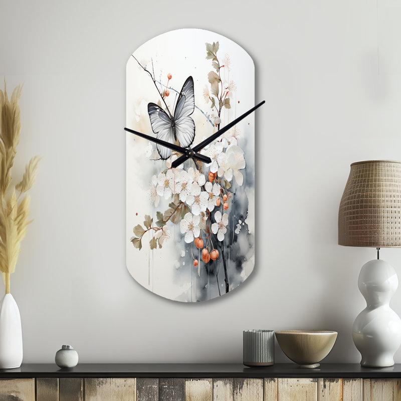Art asiatique, papillon blanc et gris - horloge murale asymétrique en métal, horloge murale cylindrique blanche, Grand