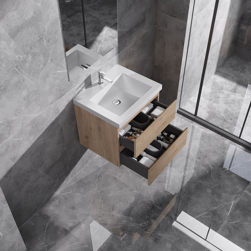 Meuble-lavabo flottant simple 24 po avec lavabo à surface solide 24 po, Chêne naturel