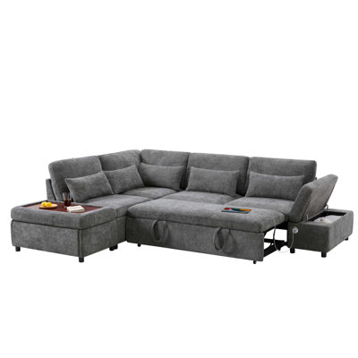 107'' Sectional Sleeper Sofa Bed with Pull Out Couch, L-shaped with Adjustable Armrest, USB&Type-C Charging, Free Movement Storage Ottoman, Free Combination for Living Room&Apartment, Chenille