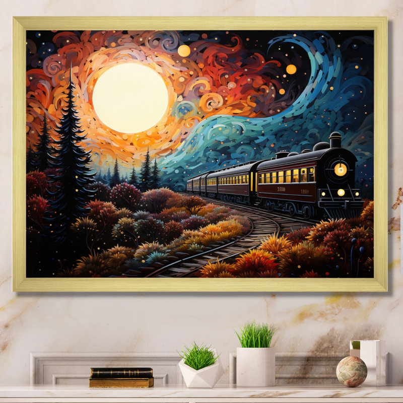 Train enchanted voyage pointillisme sur toile, H 12 po x l 20 po x P 1 po, Encadrement doré