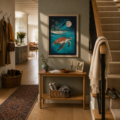 Turtle Under Moonlight Coastal - Framed Print