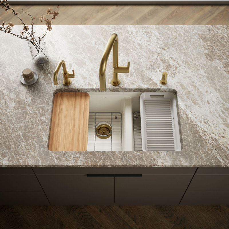 Riverby® 33" undermount double-bowl workstation kitchen sink, Biscuit