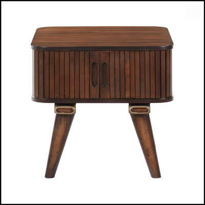 Walnut Finish Storage End Table With Tambour Doors For Modern Living Room Organization