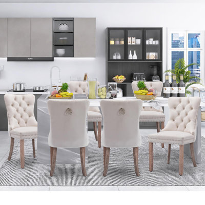 Velvet Dining Chair With Button Back Ring Set of 6 with Wood Leg,Beige