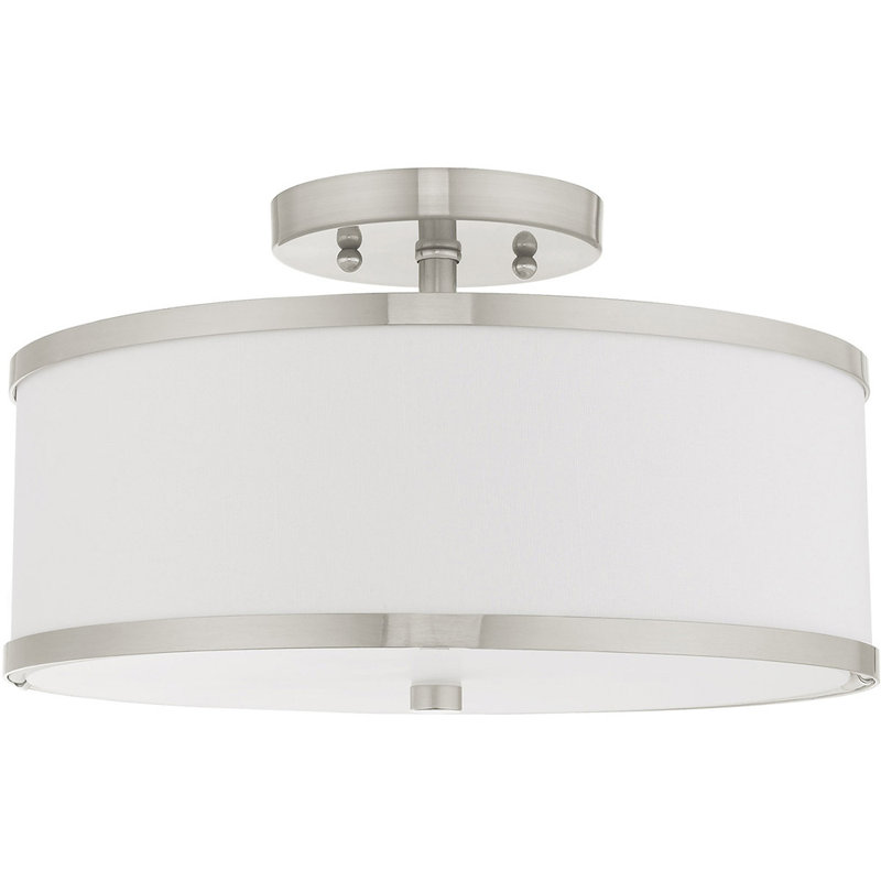 Plafonnier semi-encastré en tissu Enda, Nickel brossé, H 8 po x l 13 po x P 13 po, Blanc cassé