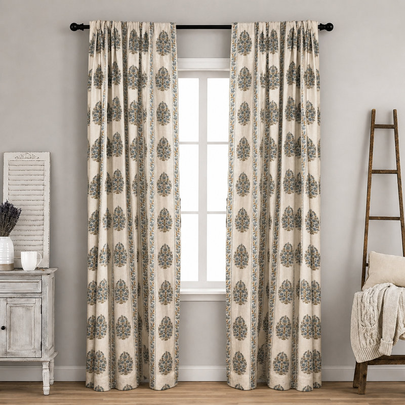 Tissu de rideau en lin fait à la main à motif de blocs - motif floral élégant, texture naturelle douce - Kumud