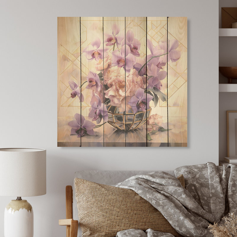 Élégante géométrie, bouquet mauve I - bouquet de bois, art mural sur bois de pin naturel, H 15 po x l 15 po