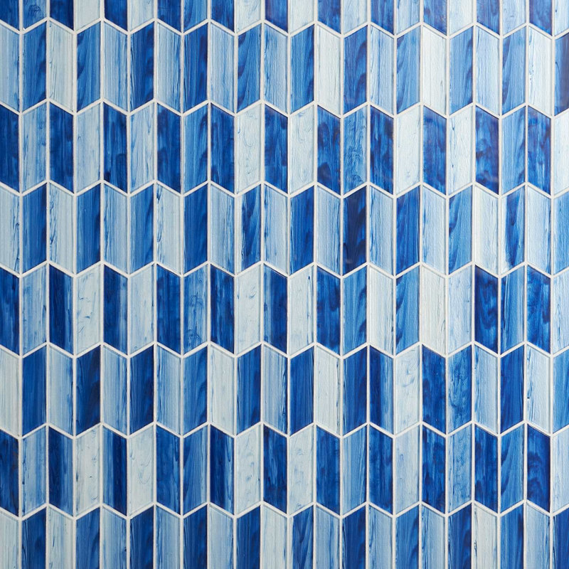 Maya 2x7 Chevron Polished Glass Mosaic Tile, Chevron Azur