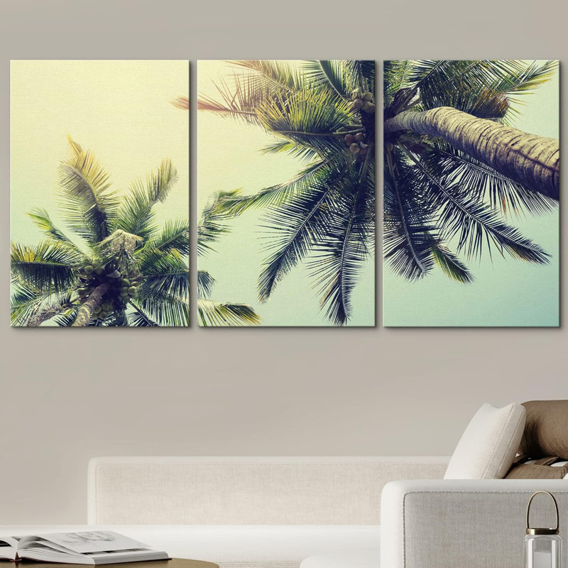 Palmier tropical sur une plage tropicale - ensemble de 3 reproductions de photos, H 24 po x l 16 po, Toile tendue