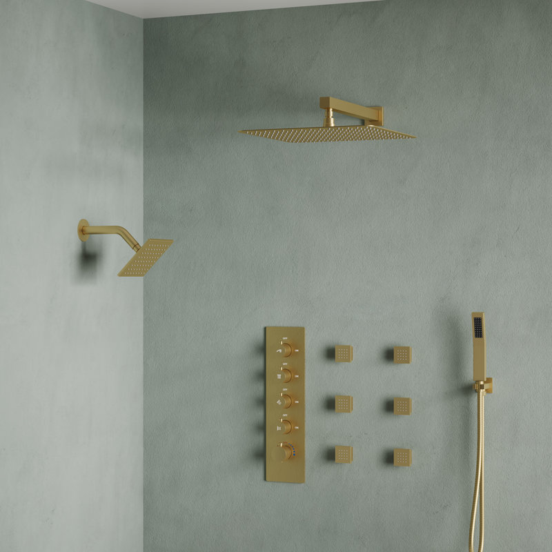 Système de pomme de douche thermostatique double, robinet de douche à pluie haute pression mural 16 po avec douchette et jet pour le corps