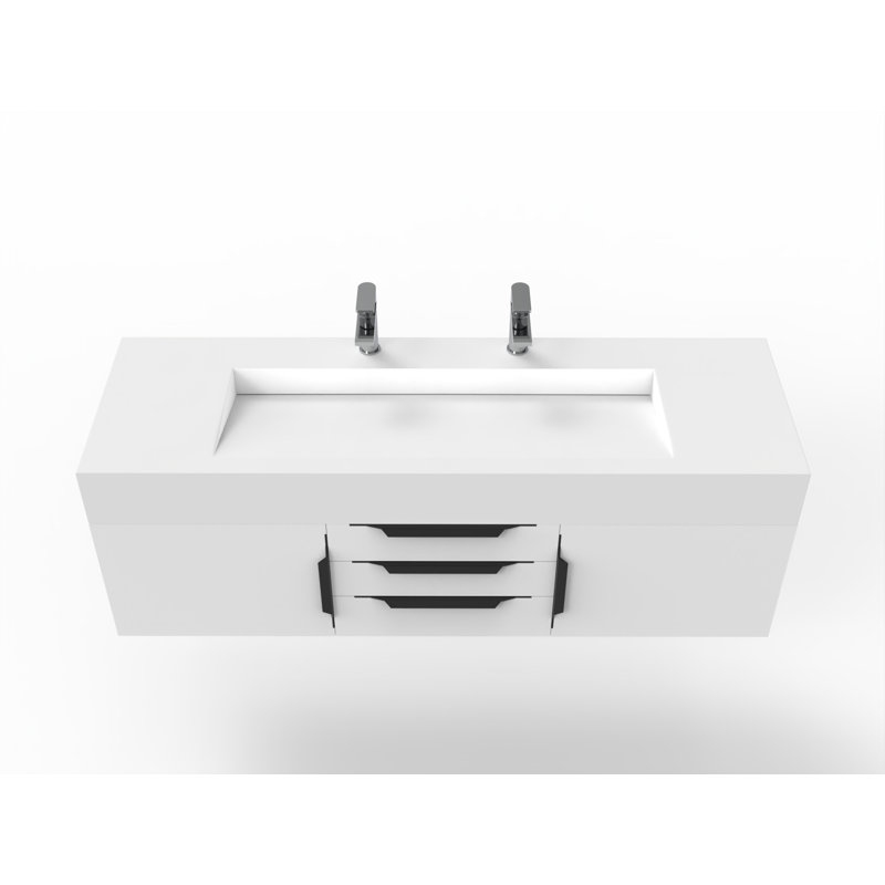 Nile 60" Wall-Mounted Single Bathroom Vanity Set, White, White, Gold