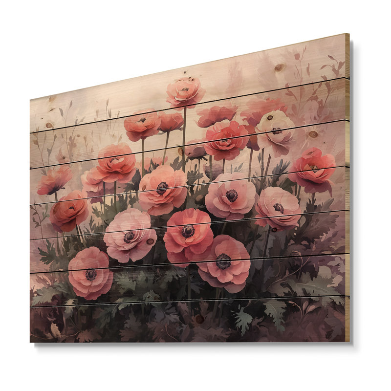 Spring Symphony Of Ranunculus Into The Forest I - Ranunculus Wood Wall Decor - On Natural Pine Wood, 34" H x 44" W x 0.78" D