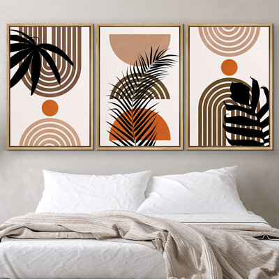 «Mid Century Modern Boho Geometric Palm Leaf Silhouette Polygons Abstract», ensemble de 3 impressions sur toile flottante